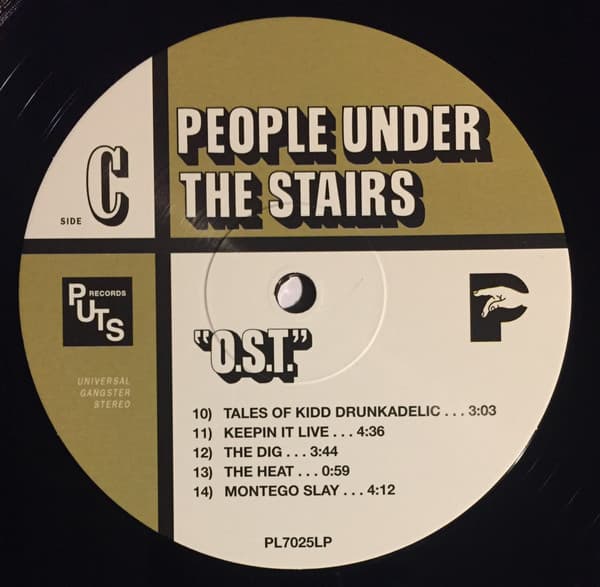Vinyl record label for Side C of People Under the Stairs album OST with tracklist and branding.