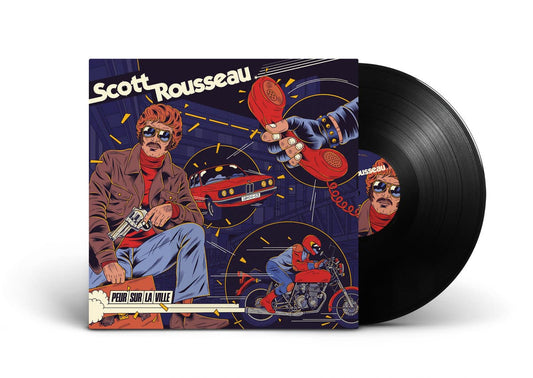Vinyl record with cover featuring a stylized illustration of a person on a motorcycle and text 'Scott Rousseau'.