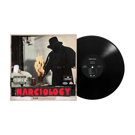Cover of Roc Marciano's album Marciology – moody underground hip-hop release with minimalist artwork and stripped-back boom-bap production.