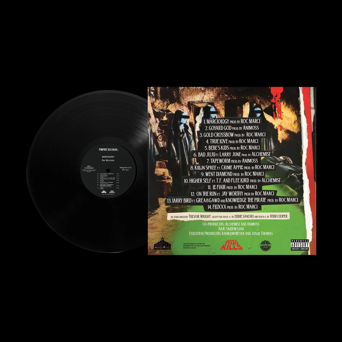 Back cover of Roc Marciano's album Marciology – moody underground hip-hop release with minimalist artwork and stripped-back boom-bap production.