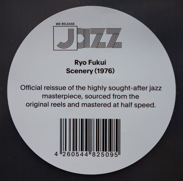 Hype sitcker for Ryo Fukui’s Scenery – classic Japanese jazz reissue on 180g vinyl, featuring half-speed mastering and deluxe tip-on gatefold sleeve