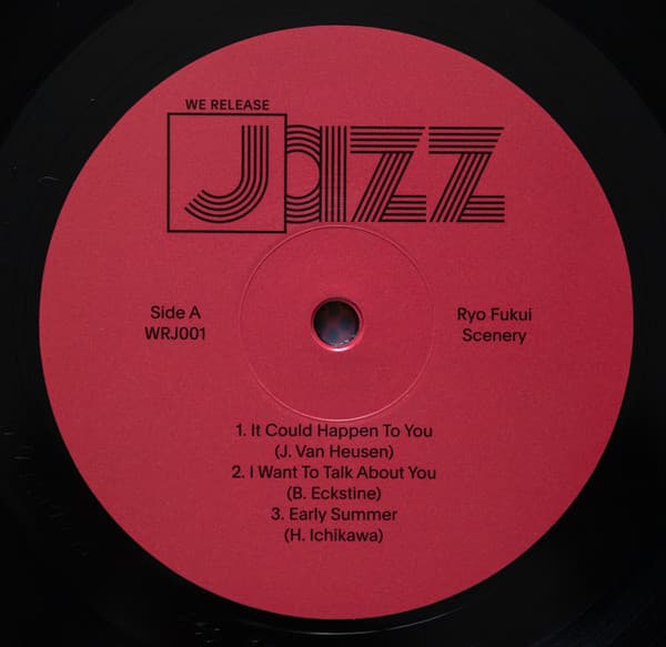 Side A vinyl sticker with track listing for Ryo Fukui’s Scenery – classic Japanese jazz reissue on 180g vinyl, featuring half-speed mastering and deluxe tip-on gatefold sleeve