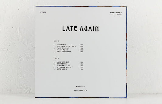 Album cover of Sven Wunder – Late Again, a cinematic jazz-funk LP in a deluxe tip-on sleeve, combining orchestral textures with mellow nighttime moods.