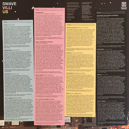 Back cover of Swave Villi Us, showing full tracklist and liner notes summary.