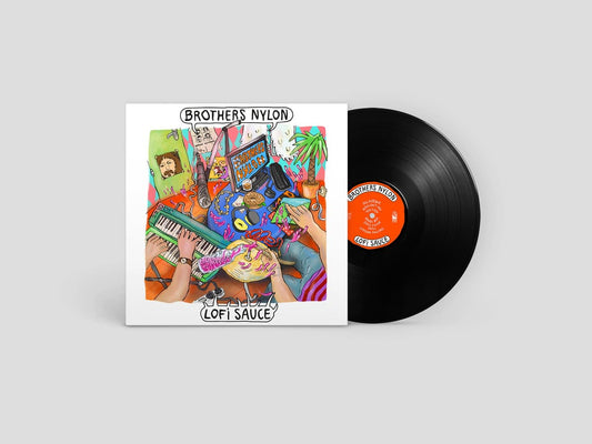 Vinyl record and cover with colorful artwork on a light gray background