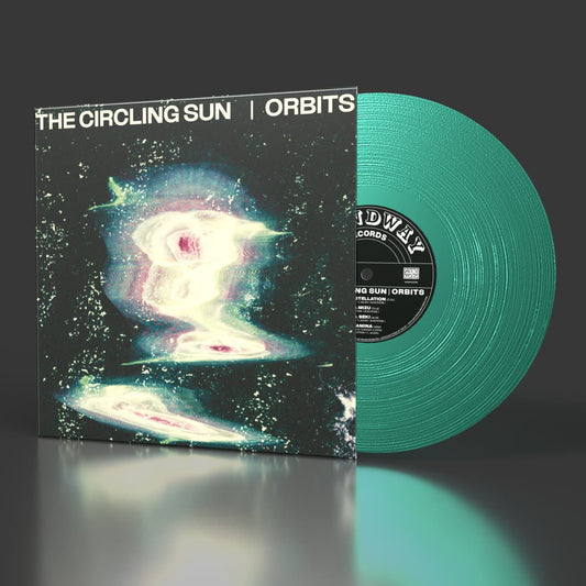 Close-up of translucent green vinyl record from Orbits, partially out of sleeve with the Soundway label visible on center sticker.