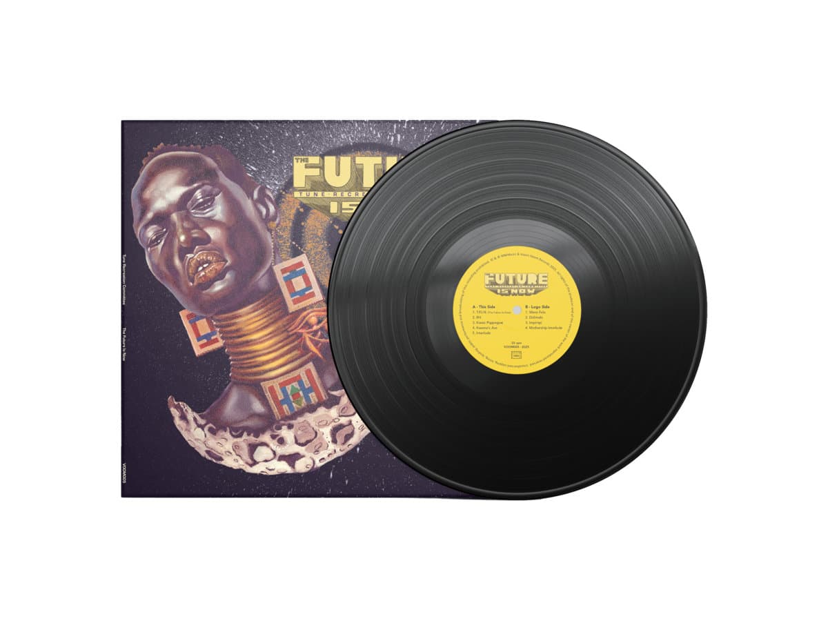 Vinyl record and cover for The Future Is Now by Tune recreation Committee with a prominent face design on a white background