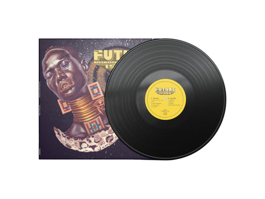 Vinyl record and cover for The Future Is Now by Tune recreation Committee with a prominent face design on a white background