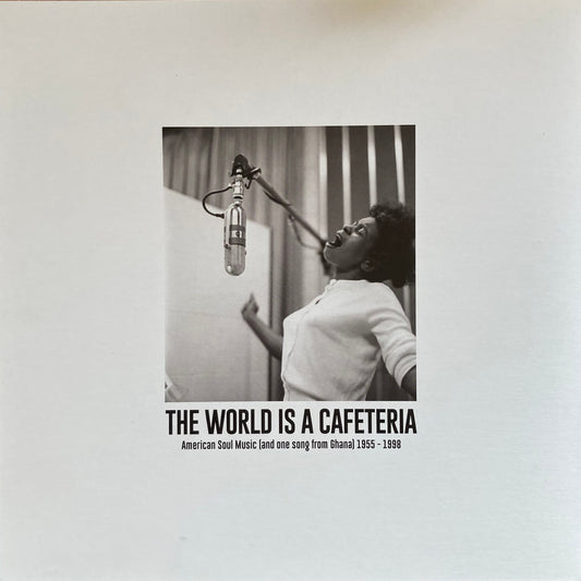 Back cover of “The World Is a Cafeteria” 2LP soul compilation by Cairo Records. Gold foil detail, white sleeves, deluxe packaging with booklet.
