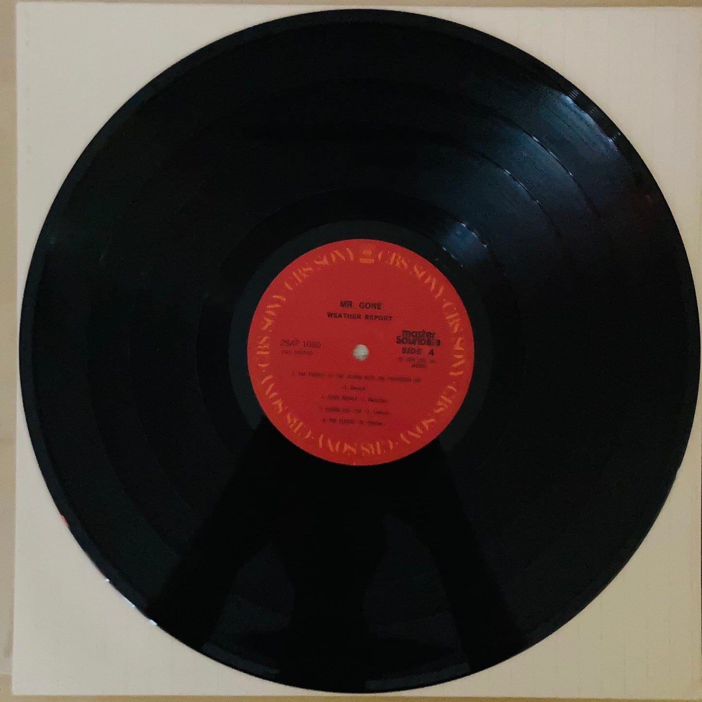 Vinyl closeup of Mr. Gone LP by Weather Report, CBS/Sony 25AP1060