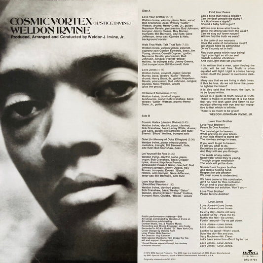 Back cover of Cosmic Vortex reissue, showing tracklist and liner notes