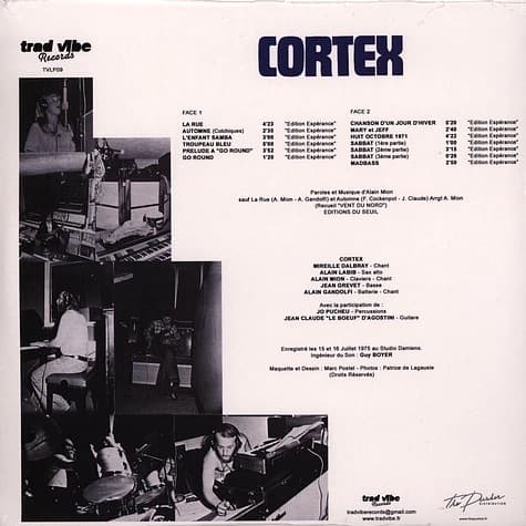 Back cover of a Cortex - Tropeau Bleu album with track list and black and white photos of a studio setting.