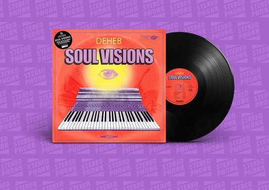 Vinyl and sleeve for Soul Visions by Deheb against a purple background.