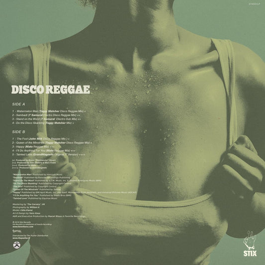 Album cover for Disco Reggae with a woman wearing a low-cut tank top, text on the back, and 'STIX' logo.