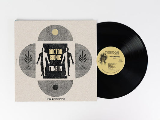 Vinyl record with cover featuring 'Doctor Bionic' design on a white background