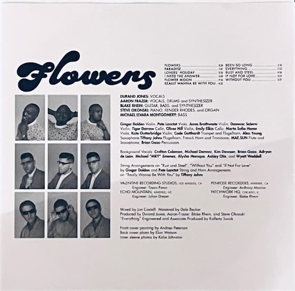 Back cover of a music album titled 'Flowers' with black and white photos and text.