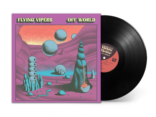 Vinyl record with a colorful cover featuring space-themed artwork and 'Flying Vipers Off World' text.