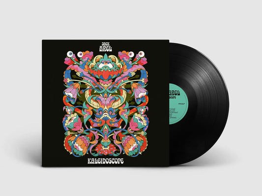 Vinyl record with colorful kaleidoscope design on the cover against a white background