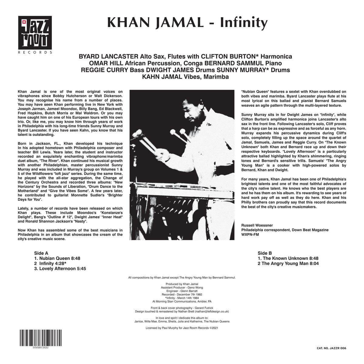 Back cover art and track list for Khan Jamal - Infinity, with liner notes and track list in black text on a white background.