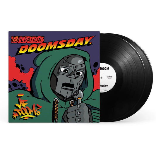 Vinyl record with a colorful cover featuring a character in a green hood and helmet.