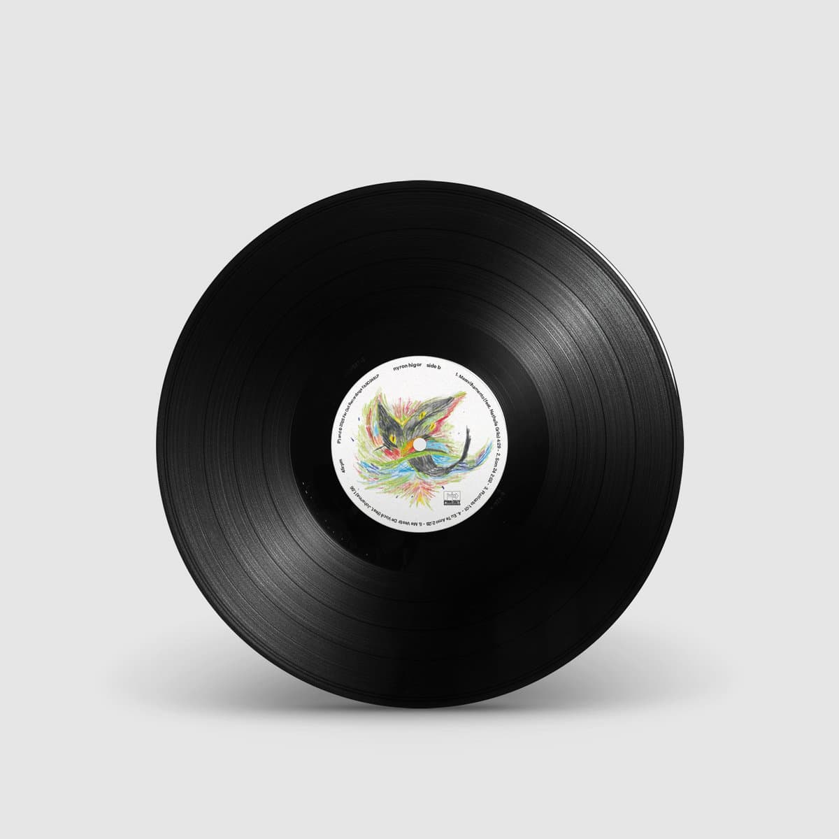 Black vinyl record with a colorful label on a light gray background