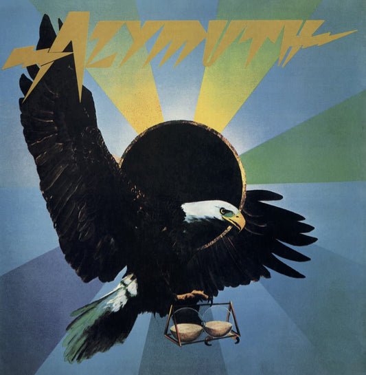 Front cover of Azymuth – Águia Não Come Mosca reissued by Mr Bongo, featuring colorful abstract Brazilian artwork and classic 70s design with a bald eagle front and center.