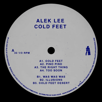 Vinyl record label with text 'ALEK LEE COLD FEET' and track listings on a white background.