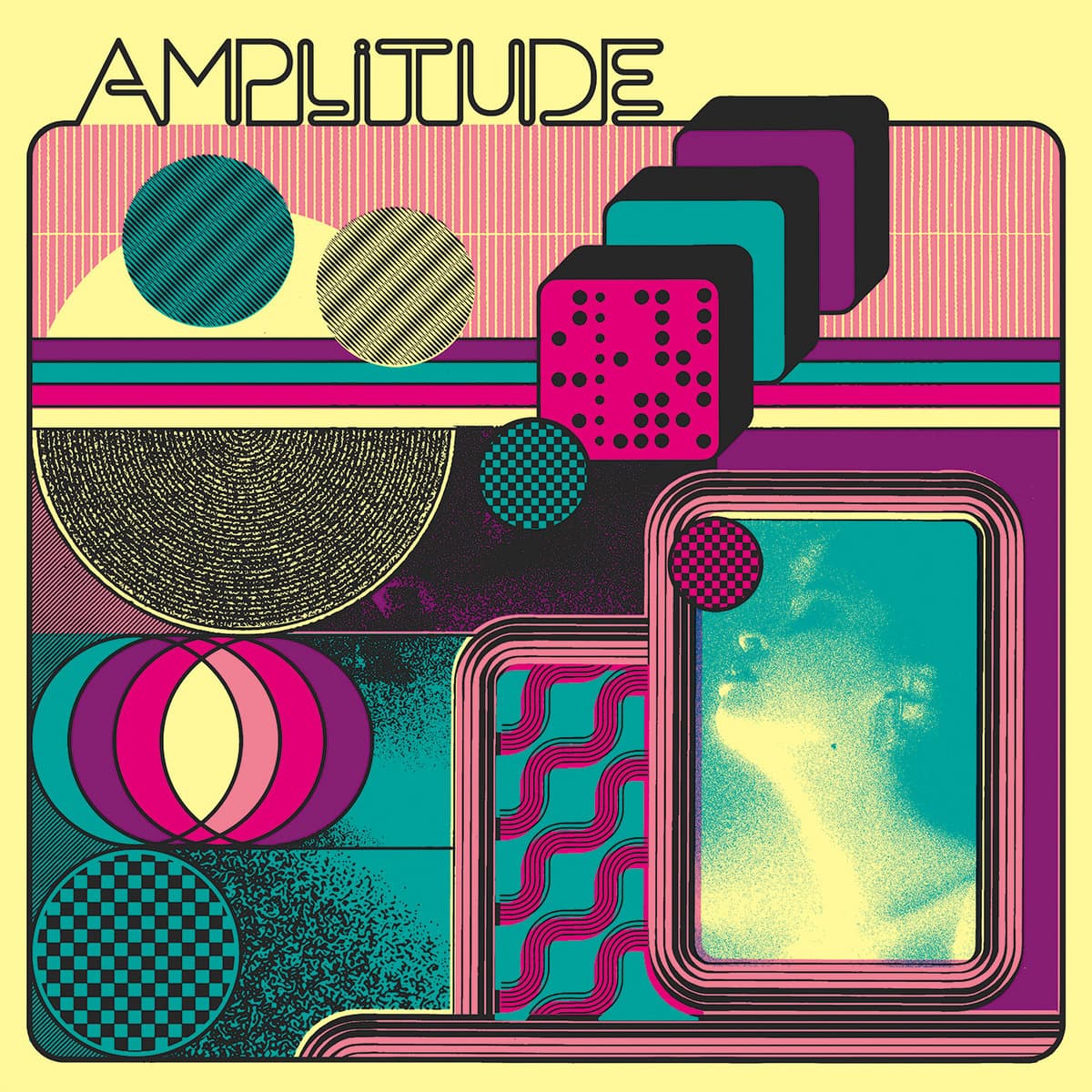Colorful geometric design with 'Amplitude' text on a yellow background