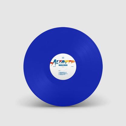 Blue vinyl record with a white label on a gray background