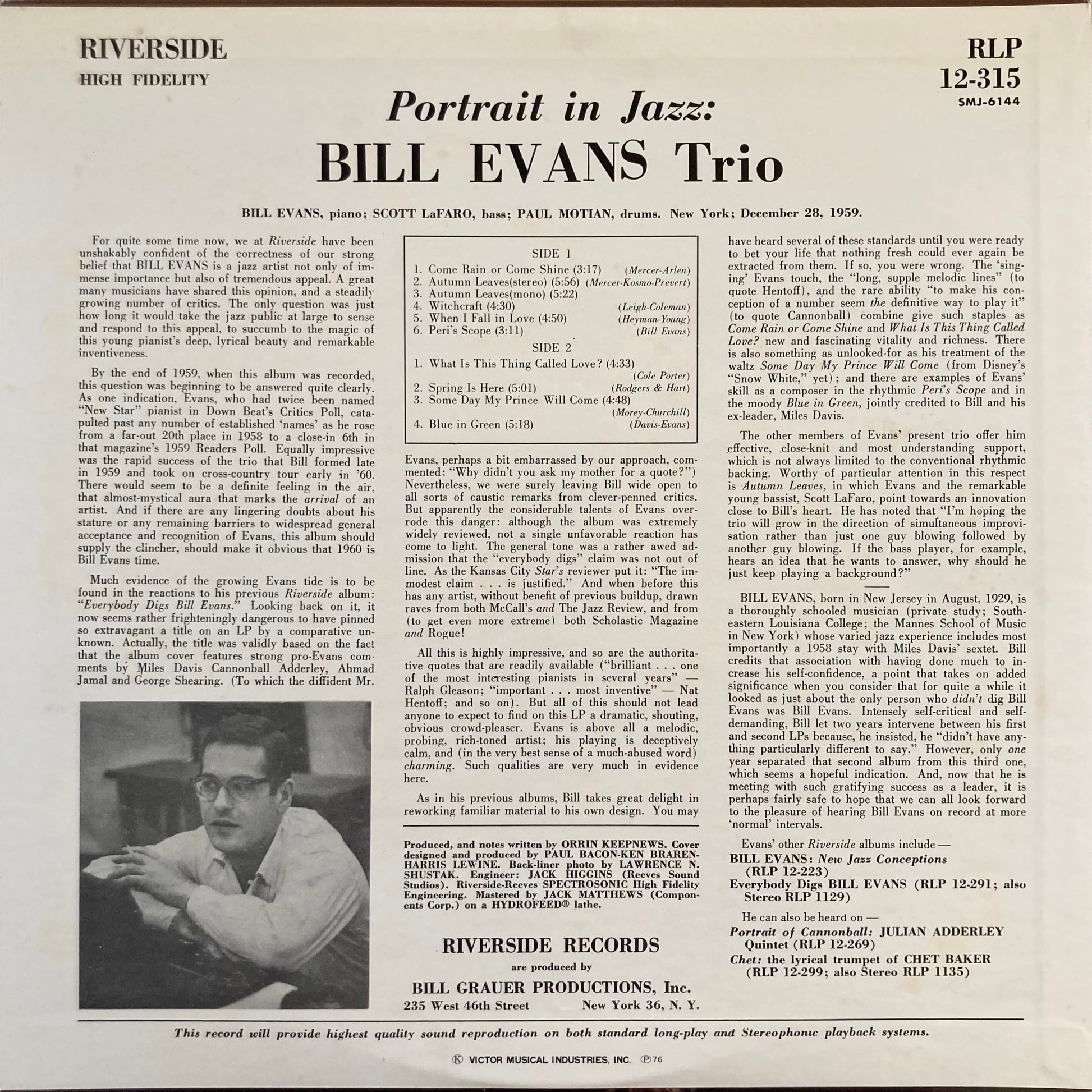Back cover of 1976 Japanese pressing of Bill Evans LP (SMJ-6144)