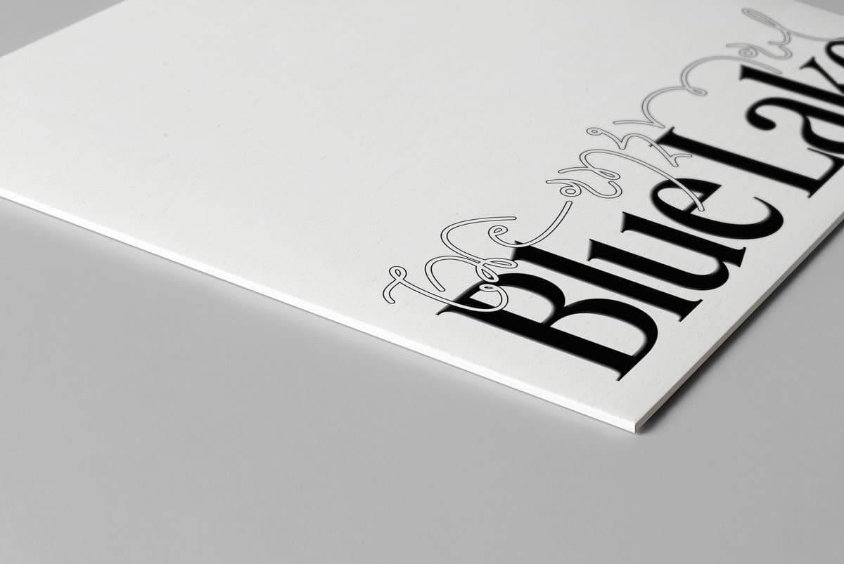 White paper with 'Blue Lake' text on a gray background