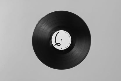 Black vinyl record with a label on a gray background