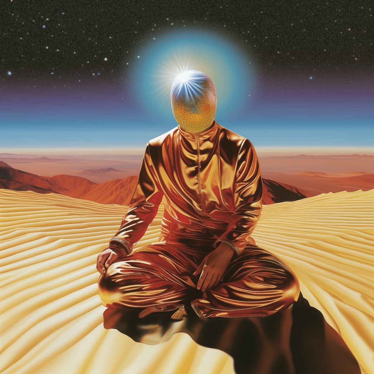 Cover art for Common Saints - Cinema 3000, featuring a painting of a person in a metallic suit sitting on sand dunes with a starry sky