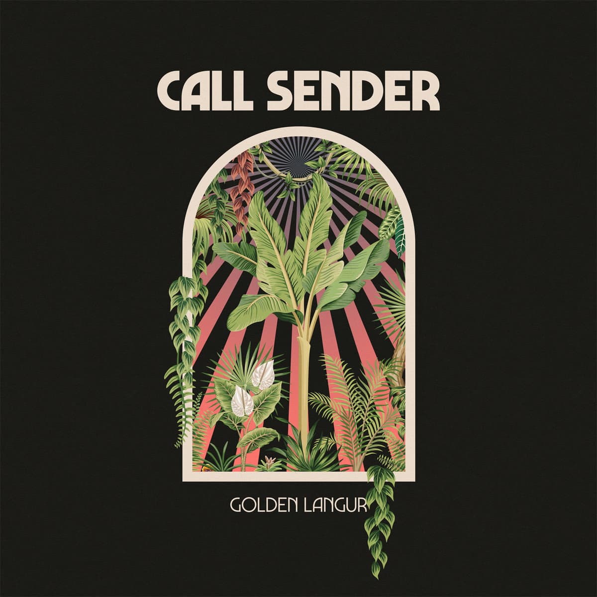 Cover art for Call Sender - Golden Langur, featuring a painting of a floral scene against a black background with the album and artist name in white letters 