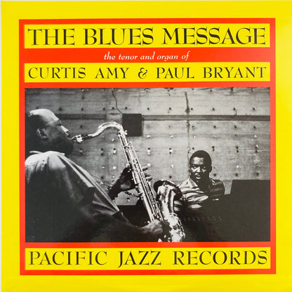 Album cover for 'The Blues Message' featuring Curtis Amy and Paul Bryant with a yellow border.