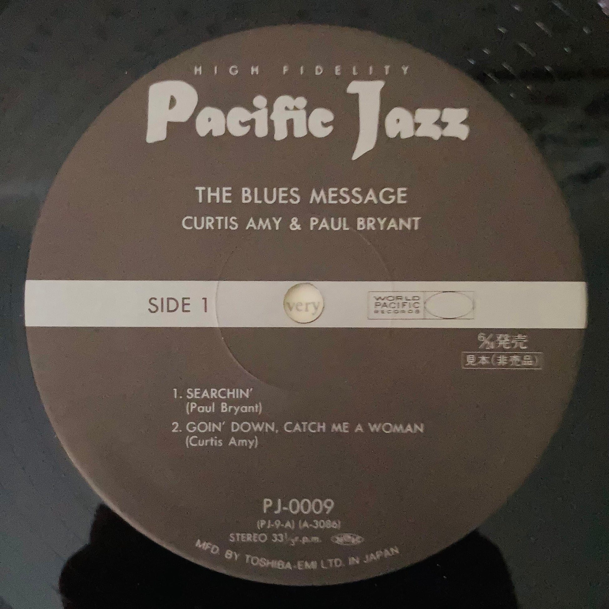 Close-up of Side 1 of Pacific Jazz label on The Blues Message vinyl, PJ-0009