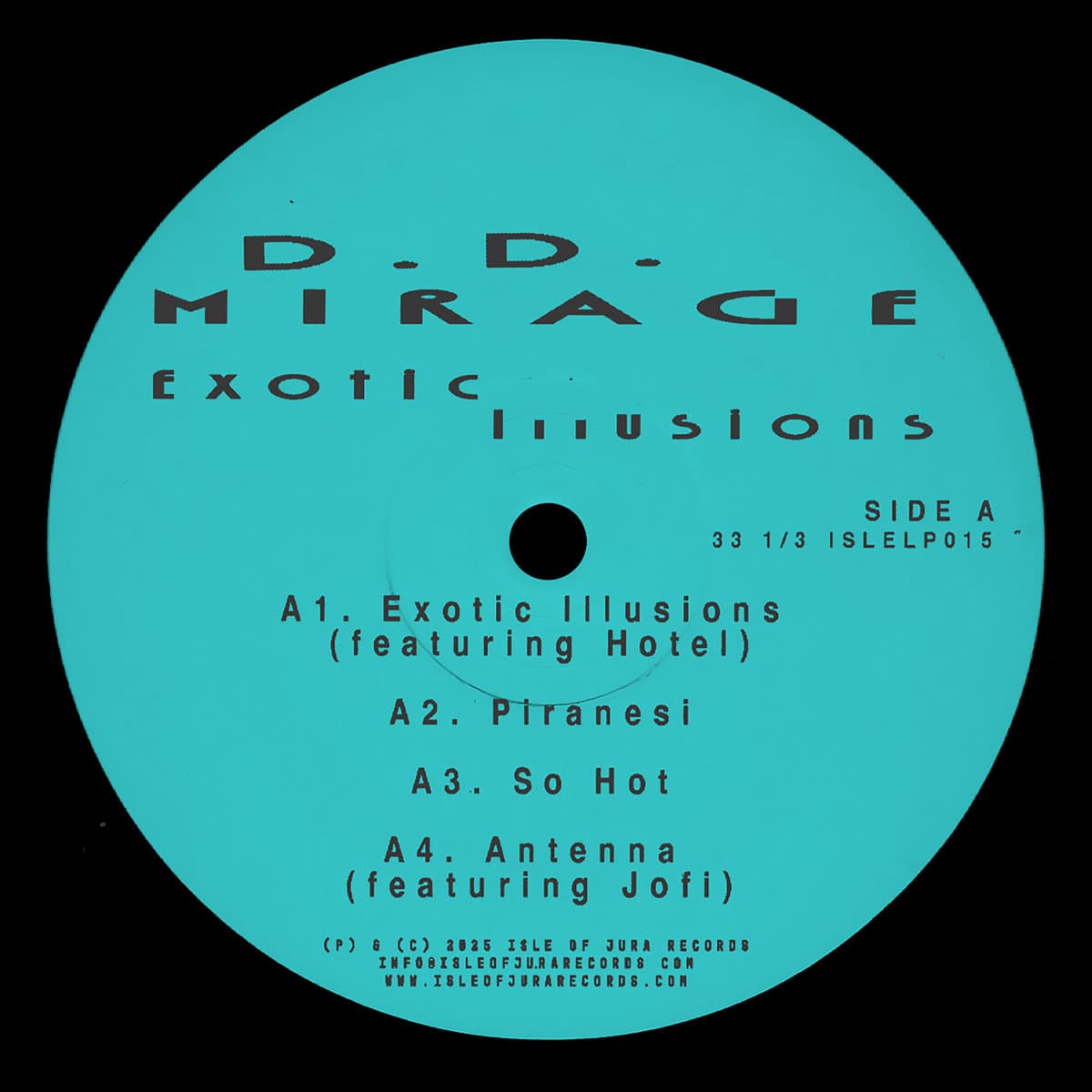 Vinyl record label for D.D. Mirage's 'Exotic Illusions' with tracklist on a teal background