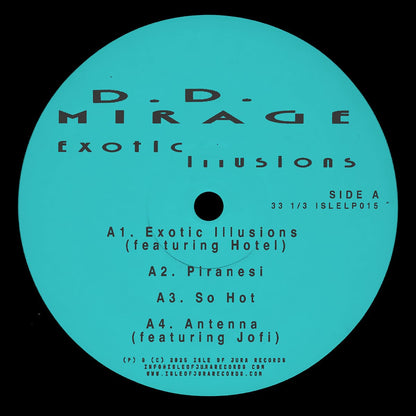 Vinyl record label for D.D. Mirage's 'Exotic Illusions' with tracklist on a teal background