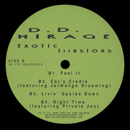 Vinyl record label for D.D. Mirage's 'Exotic Illusions' with tracklist on a green background