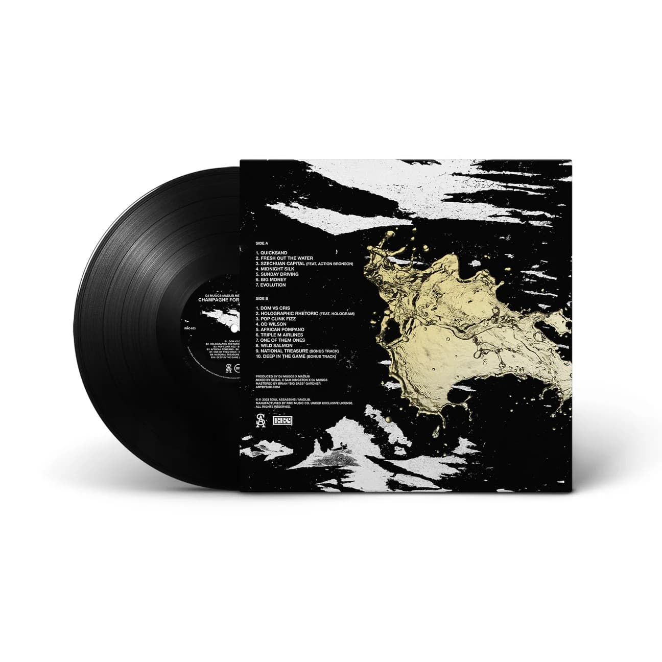 Album back cover and vinyl for Champagne For Breakfast by Meyhem Lauren, produced by DJ Muggs and Madlib – limited edition 180g black vinyl with alternate artwork.