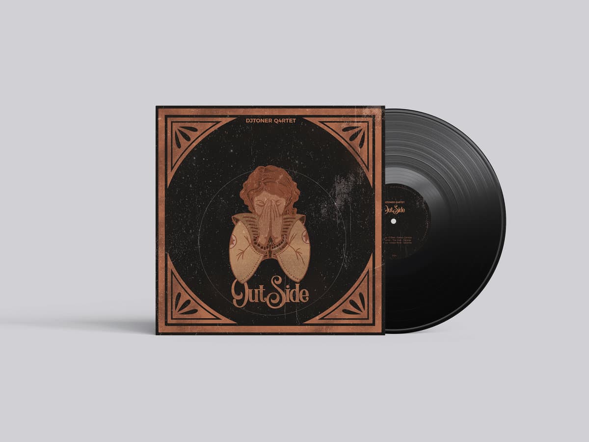 Vinyl record with cover featuring a stylized face design on a gray background