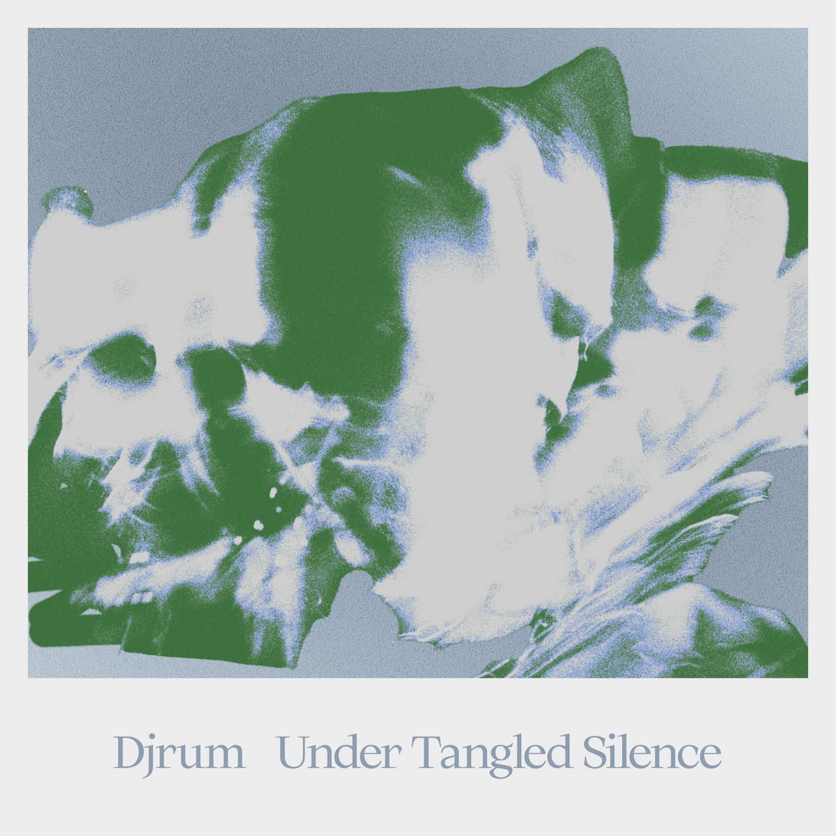 Album cover with abstract design and text 'Djrum Under Tangled Silence' on a light blue background