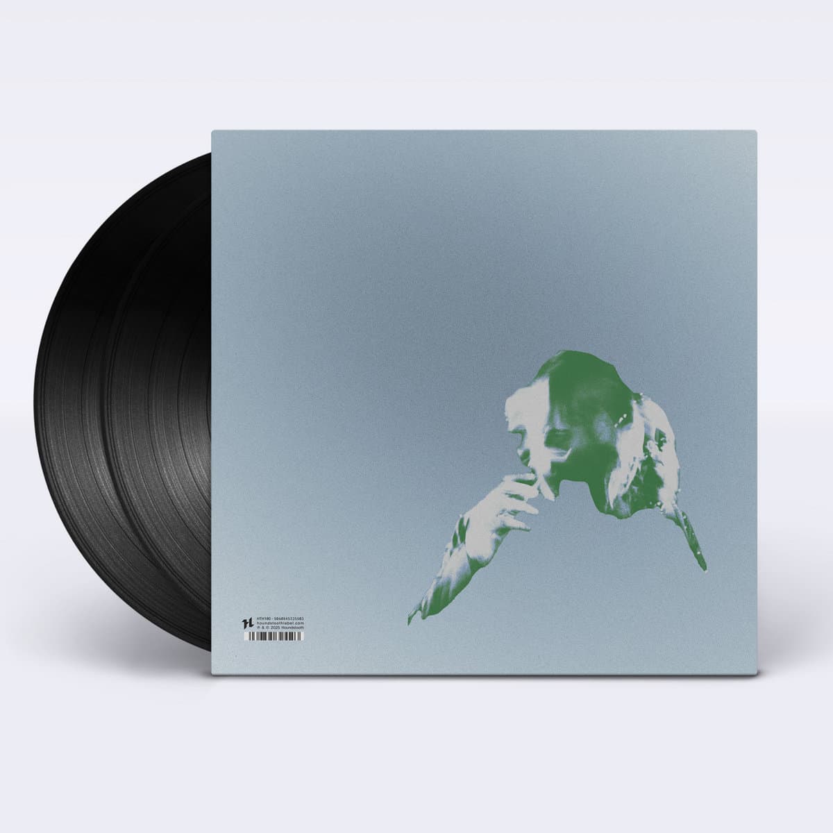 Vinyl record  and back cover for DJRUM - Under Tangled Silence with a stylized cover of a person on a light gray background