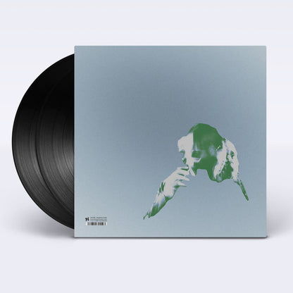 Vinyl record  and back cover for DJRUM - Under Tangled Silence with a stylized cover of a person on a light gray background