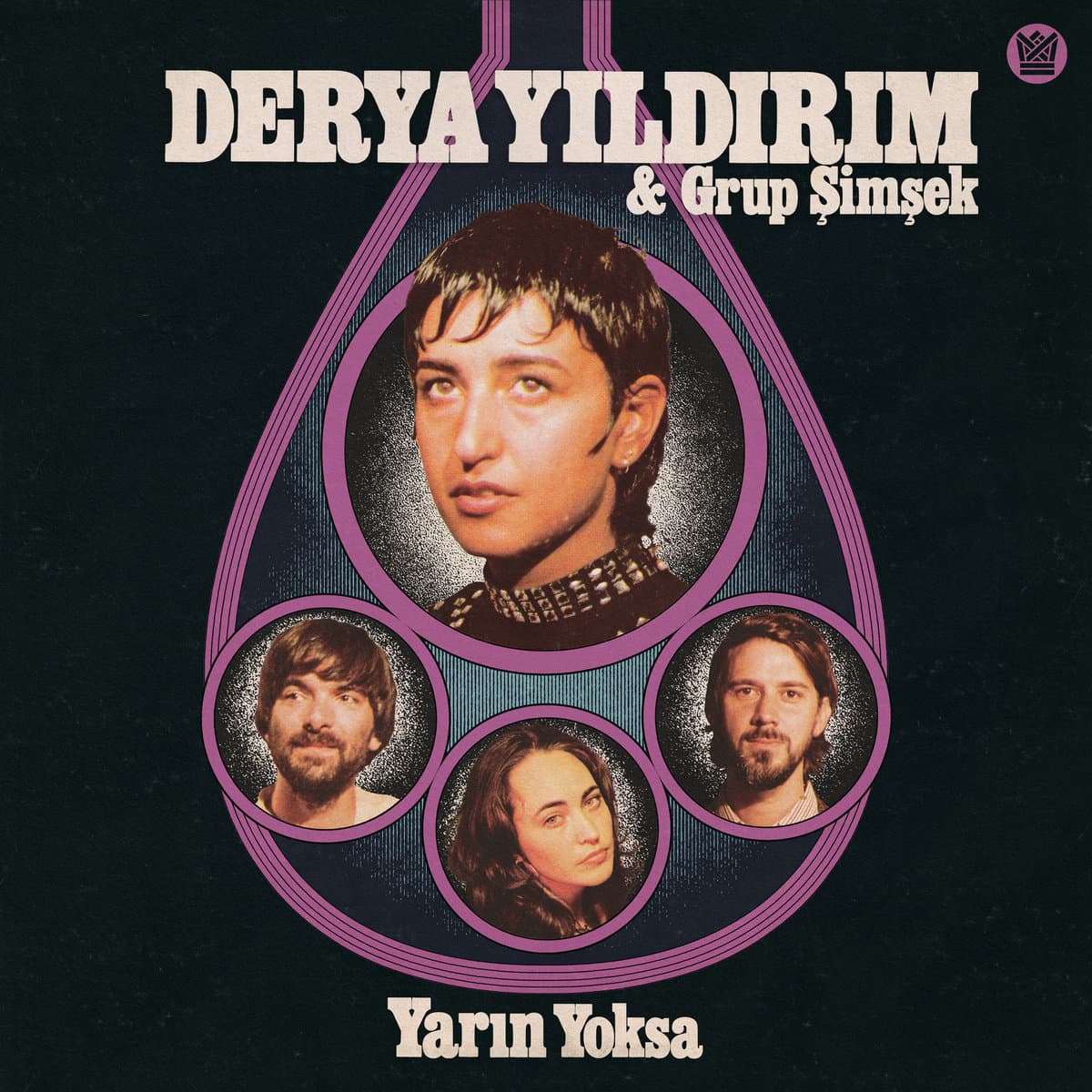 Album cover with portraits of a group of people and text 'Derya Yildirim & Grup Simsek' on a dark background.