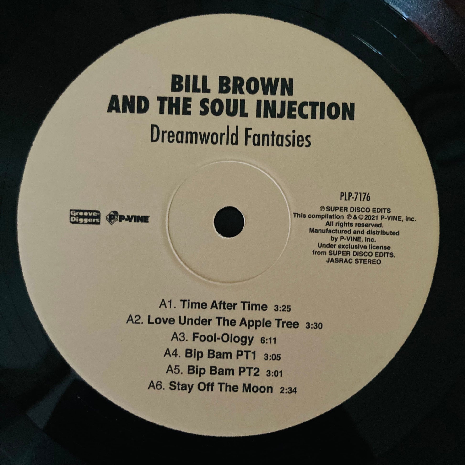 Vinyl record label for side A of Dreamworld Fantasies, Bill Brown and the Soul Injection, 2021 P-Vine pressing