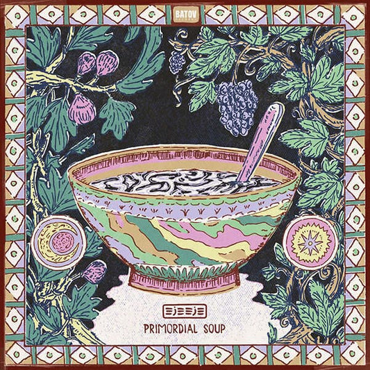 Cover art for Eje Eje - Primordial Soup depicting a colorfully painted bowl of soup with a spoon on the edge against a background of grape vines and fig trees.