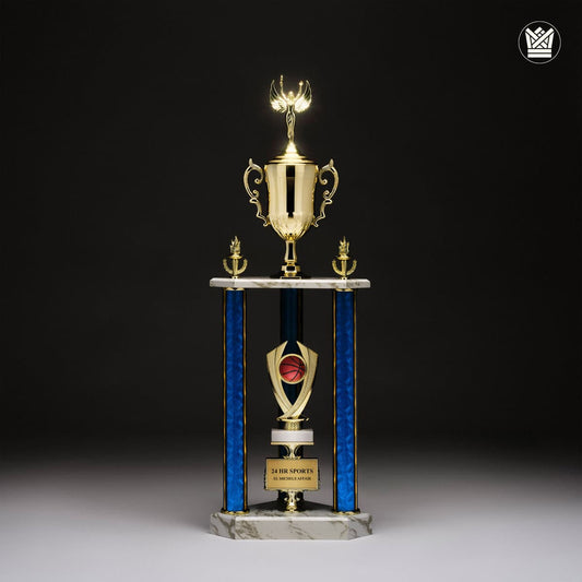 Cover art for the album 24 Hour Sports by El Michels Affair, featuring a gold and blue sports trophy against a black background.