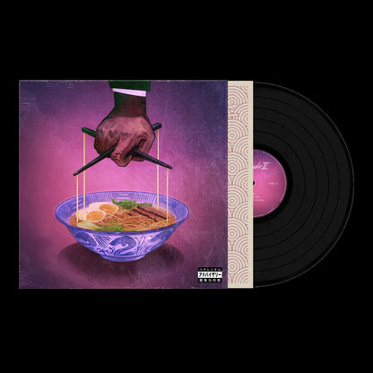 Vinyl record for Freddie Gibbs & The Alchemist - Alfredo 2 with a cover featuring a hand holding chopsticks over a bowl of ramen on a purple background.