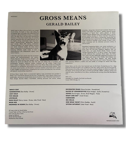 Album cover for 'Gross Means' by Gerald Bailey with text and a dog photo.